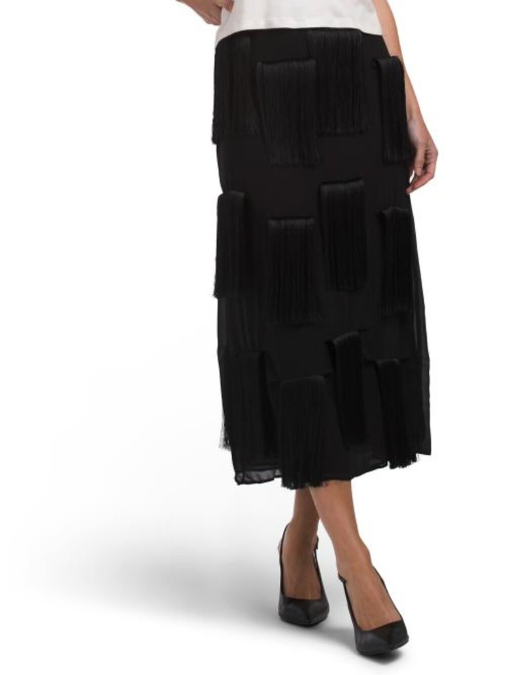 CIEBON Black Soleil Fringe Midi Skirt